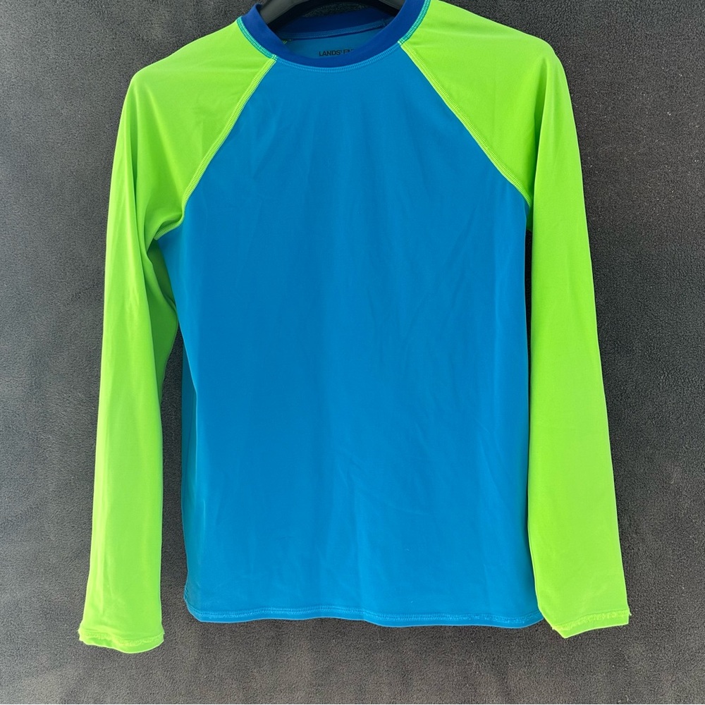 Lands' End Kids Swim Rashguard - Bright Blue and Neon Green